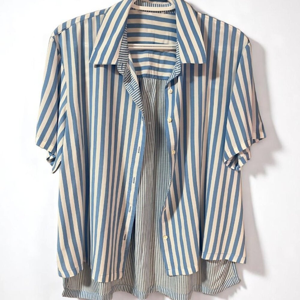 JANE + DELANCEY Light blue white striped soft short sleeve buttoned blouse Sz L